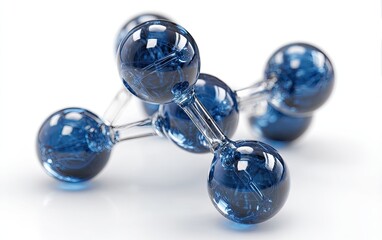 A close-up of a molecule-like structure, with translucent blue spheres
