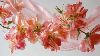 Pastel peonies with a flowing, sheer fabric against a soft, light background