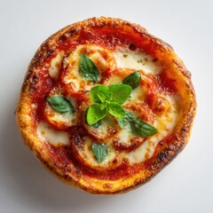 Overhead shot of a mini pizza with tomato sauce, cheese, tomatoes, basil