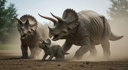 Fototapeta premium Triceratops family running through dusty prehistoric landscape