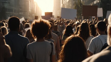 Large peaceful protest crowd marching through city avenue at golden hour. People holding signs and banners. Civil rights, unity, activism and Black Lives Matter movement concept
