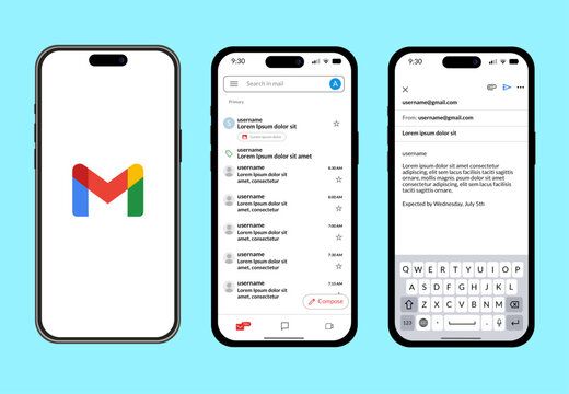 Gmail mobile app interface workflow across multiple smartphones, email management and professional digital communication sequence, compose screen and inbox user interface design
