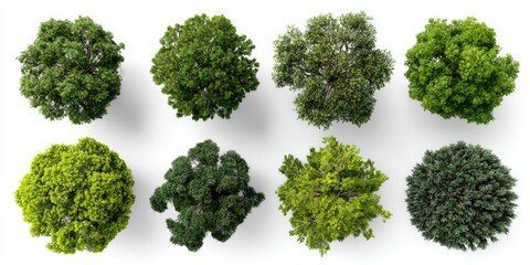 Overhead view of eight different leafy trees on a white background, isolated and varied in green hues