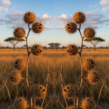 Spiky Seed Pods, Acacia Trees, African Savannah Sunset
