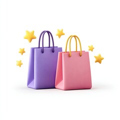 Two pastel shopping bags with handles, surrounded by yellow cartoon stars, on white