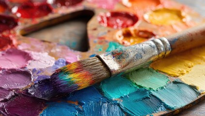 Obraz premium A paintbrush rests on a well-used wooden palette, smeared with vibrant oil paints