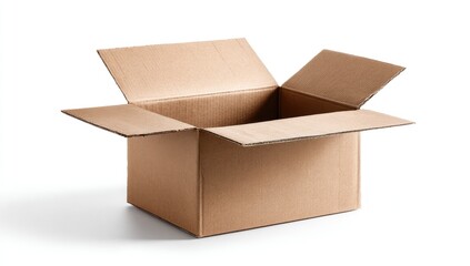 A single, open, empty cardboard box with flaps extended, set against a white backdrop