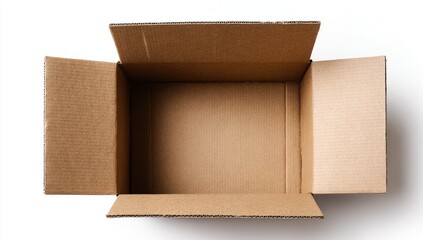 Overhead view of an empty, open cardboard box casting a shadow on a white background