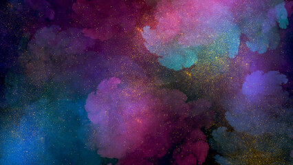  Vibrant abstract background featuring fluffy blue, purple, and teal cloud textures overlaid with golden stardust. Made manually in Procreate