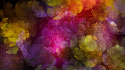 Vibrant abstract background featuring puffy clouds of yellow and magenta pink smoke mixed with golden sparkling dust. Made manually in Procreate