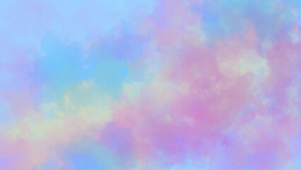 Soft and dreamy abstract background featuring a gentle blend of pastel pink, blue, yellow, and purple clouds. Made manually in Procreate