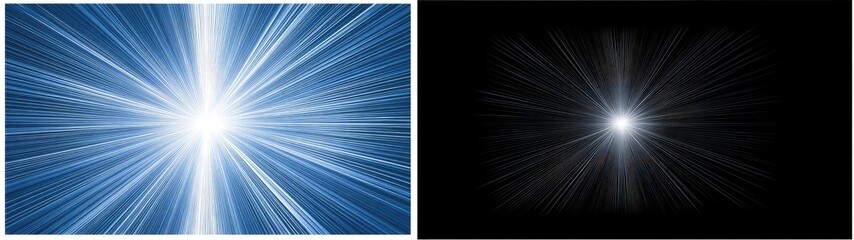 Two panels, one blue and one black. Both show a bright light radiating out with rays