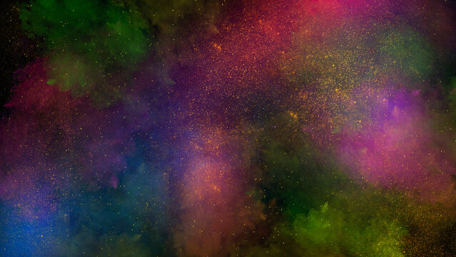Vibrant abstract background featuring a colorful explosion of green, purple, red, and blue smoke textures mixed with golden stardust.  Made manually in Procreate