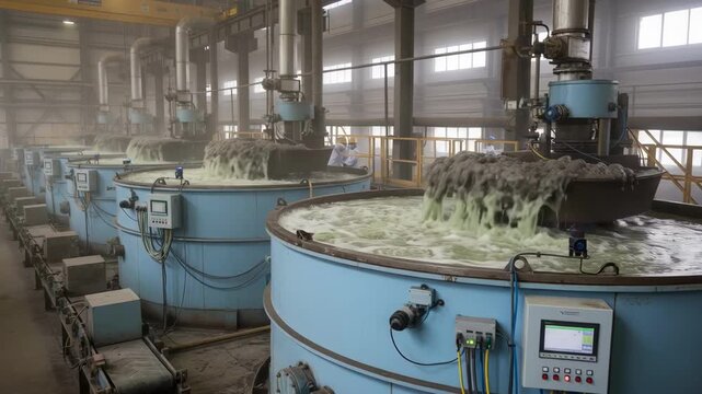 Medium shot of industrial flotation tanks operating with advanced sensors to optimize mineral separation efficiency in a processing plant.