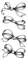 A vertical illustration of four differently styled bows, detailed with shading, in black and white