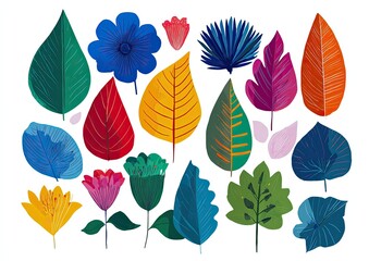 A colorful array of stylized flowers and leaves, arranged on a white background