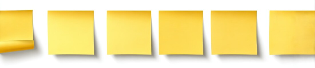 Six yellow sticky notes in a row, with slight shadows and variations