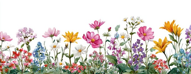 Watercolor illustration of a vibrant border of diverse wildflowers on a white background