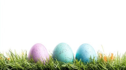 Three speckled eggs sit in vibrant green grass, with carrot bits against a stark white backdrop