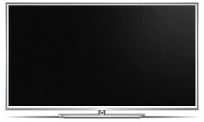 Sleek, rectangular, modern, flat-screen display with a dark, blank panel, silver bezel, and stand