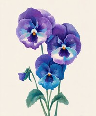 Watercolor painting of vibrant pansies in shades of blue and purple, on white background