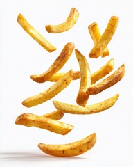 Golden-brown, crispy potato fries in mid-air against a bright white backdrop