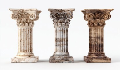Obraz premium Three aged Corinthian columns, detailed carvings, various shades, on a clean white background