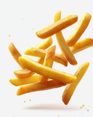 Golden, crispy fried potato sticks, slightly salted, in mid-air on a white background