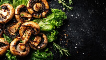 Grilled mushrooms with greenery on dark backdrop, peppercorns, salt