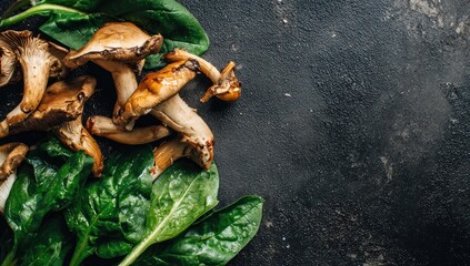 Fresh cooked mushrooms and spinach on dark textured surface