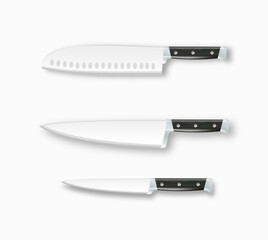 Realistic 3D kitchen knife set meat cleaver types of cutlery for cooking. Kitchen. Vector