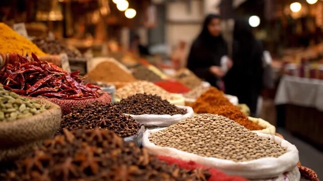 A vibrant market scene features diverse spices in sacks, piles, with shoppers blurred in the background