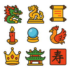 Obraz premium Colorful asian icon set featuring dragon and phoenix with traditional elements