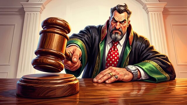 Courtroom Decision: A stern judge with a decisive demeanor wields a gavel in a stately courtroom, emphasizing the importance of law and order