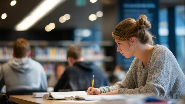 A dedicated student is immersed in her studies at a spacious library, highlighting the pursuit of knowledge. The scene captures academic motivation and concentration in a contemporary learning space