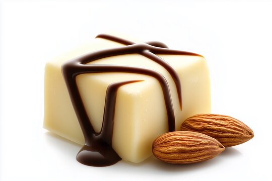 Marzipan candy square with chocolate drizzle on white background.