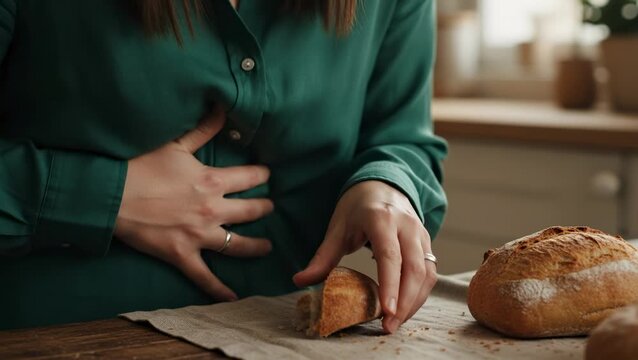 Close-up of a woman holding her stomach in pain while eating bread, illustrating gluten intolerance, celiac disease, or digestive issues in a kitchen setting.
