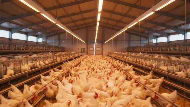 Medium shot of automated lighting systems illuminating a poultry house enhancing hens laying cycles through controlled light exposure