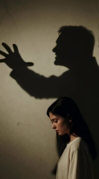A sad woman stands in the foreground while a menacing shadow of an aggressive man shouting with a raised fist looms on the wall behind her, symbolizing domestic abuse and fear.