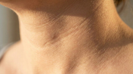 Macro photography of female neck skin texture with natural sunlight, dermatology and aging concept