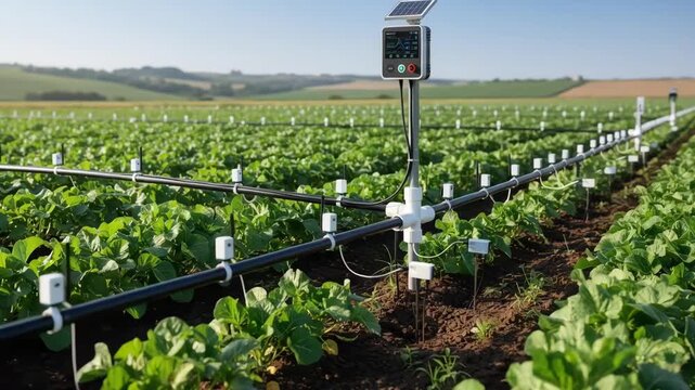 Medium shot of IoT sensor network setup on irrigation system in lush farmland illustrating precision water usage and sustainable farming practices enabled by smart technology