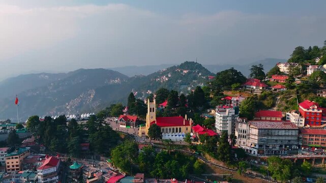 Wide Drone Shot of Shimla City with Himalayan Foothills in Background
