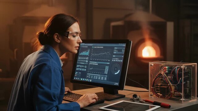 Medium shot of an engineer adjusting settings on a local AI system managing kiln temperature demonstrating handson control of automated heat regulation.