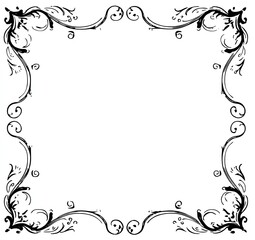 An ornate rectangular frame featuring swirling floral patterns and intricate details in black