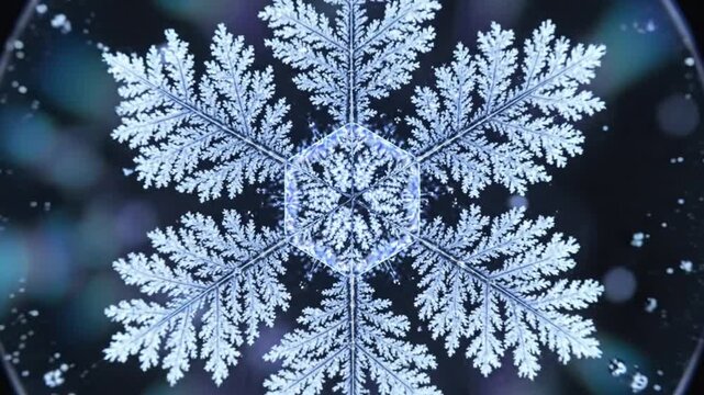 A highly detailed snowflake is centered against a dark, bokeh background, showcasing intricate patterns and crystalline structures from a direct viewpoint