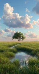 Fototapeta premium Serene landscape with solitary tree in grassy field, small pond, and dramatic clouds