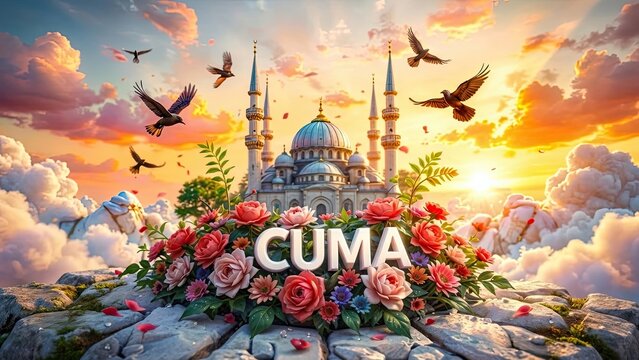 Friday Mosque Celebration: A majestic mosque, adorned with a vibrant floral arrangement bearing the word CUMA, stands illuminated by the golden hues of dawn, with birds soaring against a dramatic sky.
