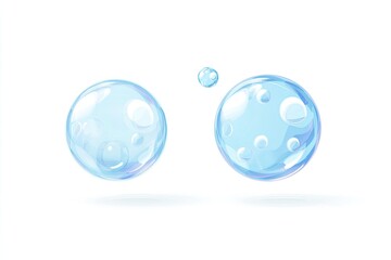 Three translucent, spherical bubbles float on a white background, reflecting light