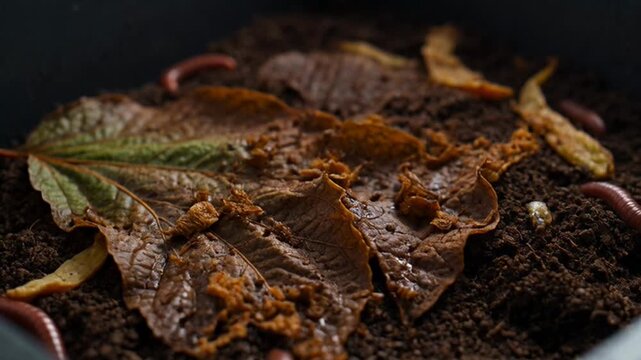 A video showcasing withered leaves on soil in a dark environment