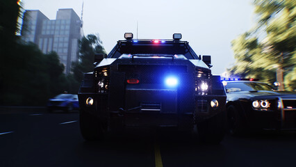An swat police driving fast on a city street. 3d rendering. © 3D motion